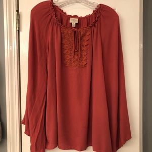 Coral long sleeve peasant top